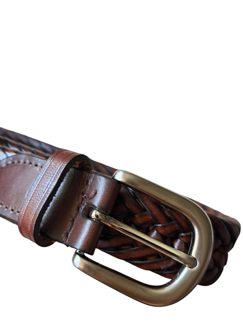 Brown Braided Genuine Leather Belt 1.25” Wide Brushed Silver Buckle Size 38 - Picture 4 of 13